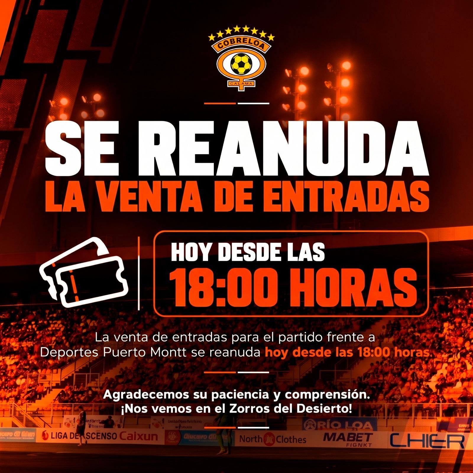 Se reanuda la venta de entradas para el partido frente a Deportes Puerto Montt: hoy desde las 18:00 horas